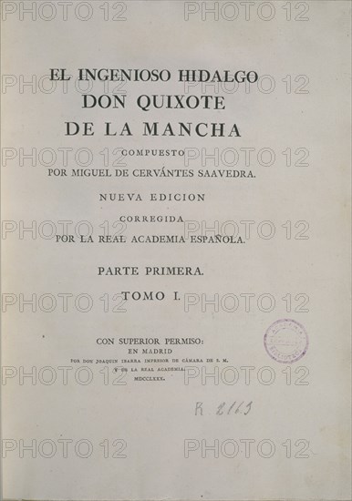 Cervantes, Couverture de l'Ingénieux Hidalgo Don Quichotte de la Mancha