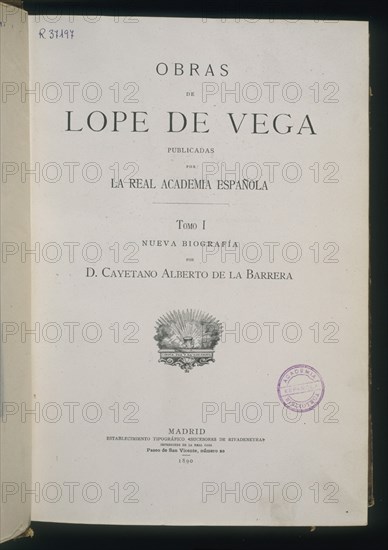 LOPE DE VEGA FELIX 1562/1635
PORTADA DE OBRAS DE LOPE DE VEGA/ REPRODUCCION FACSIMIL/ TOMO I NUEVA BIOGRAFIA POR DON CAYETANO ALB
MADRID, ACADEMIA DE LA LENGUA
MADRID

This image is not downloadable. Contact us for the high res.