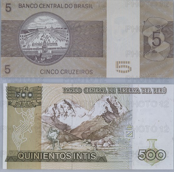 BILLETES EN DESUSO DE QUINIENTOS INTIS PERUANOS Y DE CINCO CRUZEIROS BRASILEÑOS- REVERSO