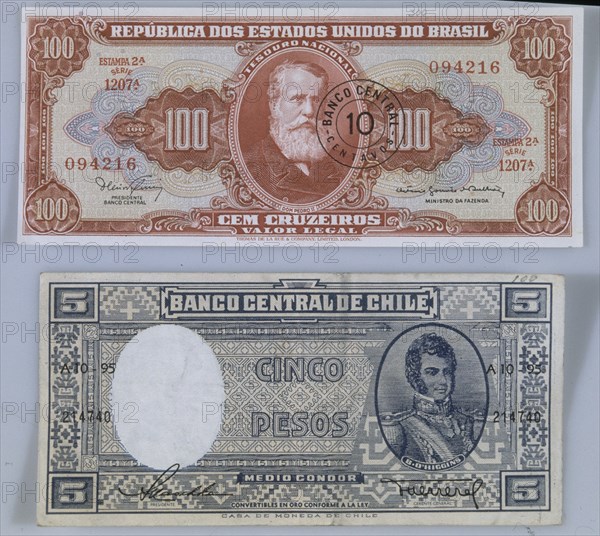 BILLETES DE CINCO PESOS CHILENOS Y DE CIEN CRUZEIROS BRASILEÑOS- ANVERSO