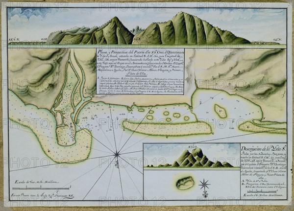 PLANO Y PERSPECTIVA DEL PUERTO DE SANTA CRUZ DE OJATUTIVA EN LA ISLA DE AMAT
MADRID, MUSEO NAVAL
MADRID