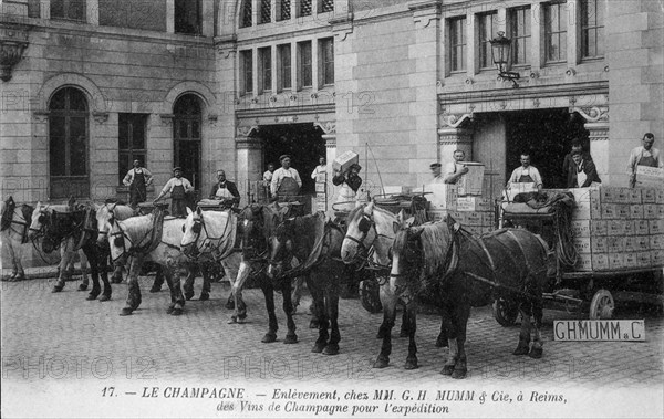 TRABAJADORES CARGANDO CAJAS DE BOTELLAS DE CHAMPAGNE EN LA BODEGA "G.H.MUMM & C"
AVIZE, EXTERIOR
FRANCIA