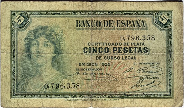 BILLETE DE CINCO PESETAS DEL BANCO DE ESPAÑA - 1935- ANVERSO
