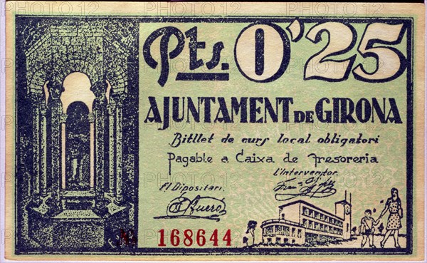 BILLETE DE 0´25 PESETAS DEL AYUNTAMIENTO DE GERONA - AÑOS 30 - ANVERSO