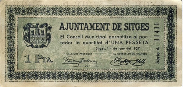BILLETE DE UNA PESETA DEL AYUNTAMIENTO DE SITGES- JUNIO DE 1937