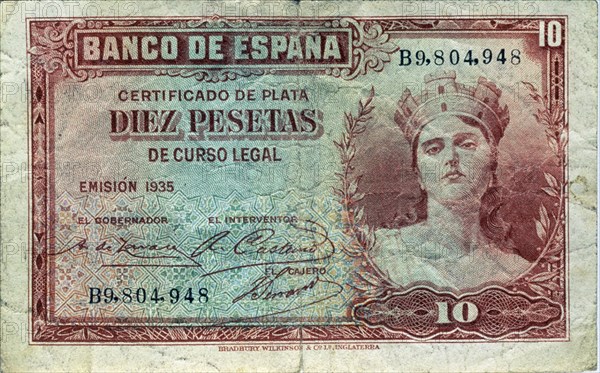 BILLETE DE DIEZ PESETAS DEL BANCO CENTRAL - 1935 - ANVERSO