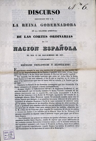 DISCURSO PRONUNCIADO POR LA REINA (Mª CRISTINA DE BORBON) APERTURA DE CORTES ORDINARIAS 19/11/1837
MADRID, SENADO-BIBLIOTECA
MADRID
This image is not downloadable. Contact us for the high res.
