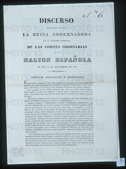 DISCURSO PRONUNCIADO POR LA REINA GOBERNADORA EN LA APERTURA DE LAS CORTES ORDINARIAS - 19/11/18
MADRID, SENADO-BIBLIOTECA
MADRID