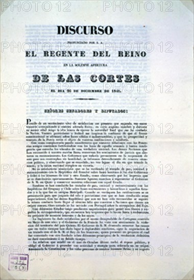 SESION REGIA DEL 26/12/1841 - DISCURSO DEL REGENTE GENERAL BALDOMERO ESPARTERO
MADRID, SENADO-BIBLIOTECA
MADRID