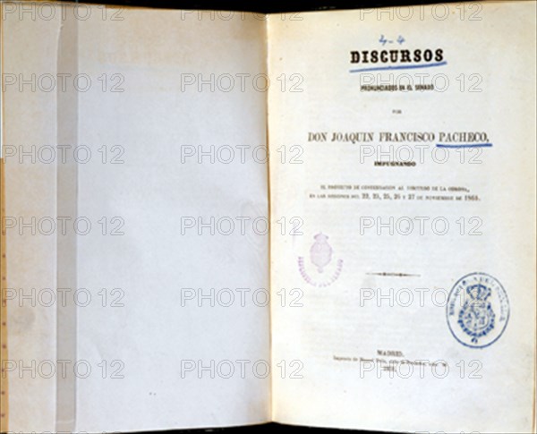 PACHECO JOAQUIN FRANCISCO
DISCURSOS PRONUNCIADOS EN EL SENADO IMPUGNANDO PROYECTO CONTESTACION AL DISCURSO DE LA CORONA
MADRID, SENADO-BIBLIOTECA
MADRID