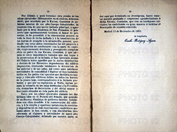 RODRIGUEZ AYUSO EMILIO 1845/1891
PAGINAS DE LA MEMORIA DESCRIPTIVA DE LAS OBRAS EJECUTADAS EN EL SENADO DURANTE 1882 Y 83
MADRID, SENADO-BIBLIOTECA
MADRID