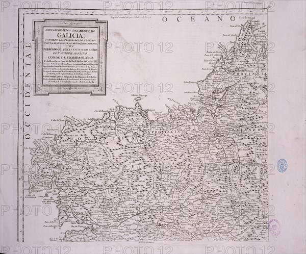 LOPEZ TOMAS 1730/1802
MAPA DEL REINO DE GALICIA DEDICADO A JOSE MOÑINO CONDE DE FLORIDABLANCA -  1784 - (1ª PARTE)
MADRID, BIBLIOTECA NACIONAL MAPAS
MADRID