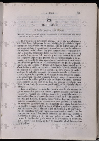 DECRETO DE REFORMA DEL SISTEMA MONETARIO Y DE CREACION DE LA PESETA- COLECCION DE DECRETOS- 1868
MADRID, SENADO-BIBLIOTECA
MADRID