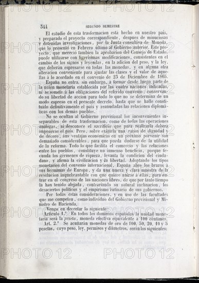 DECRETO DE REFORMA DEL SISTEMA MONETARIO Y DE CREACION DE LA PESETA- COLECCION DE DECRETOS- 1868
MADRID, SENADO-BIBLIOTECA
MADRID