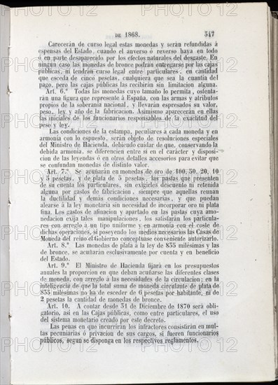 DECRETO DE REFORMA DEL SISTEMA MONETARIO Y DE CREACION DE LA PESETA- COLECCION DE DECRETOS- 1868
MADRID, SENADO-BIBLIOTECA
MADRID