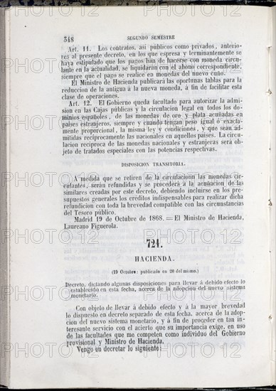 DECRETO DE REFORMA DEL SISTEMA MONETARIO Y DE CREACION DE LA PESETA- COLECCION DE DECRETOS- 1868
MADRID, SENADO-BIBLIOTECA
MADRID