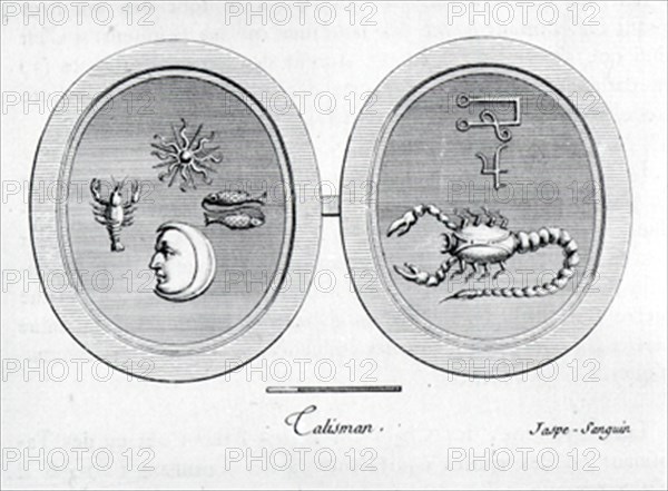 DIBUJO DE TALISMAN CON SIMBOLOS DEL ZODIACO - ESCORPIO - CANCER - PISCIS - JUPITER
MADRID, BIBLIOTECA NACIONAL GRABADO
MADRID