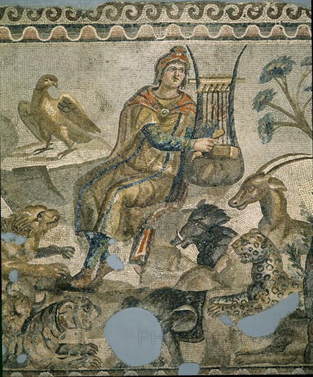 ORFEO TOCANDO LA LIRA PARA LOS ANIMALES- MOSAICO FECHADO EL SIGLO III DC - MITOLOGIA GRIEGA
DAMASCO, MUSEO NACIONAL
SIRIA