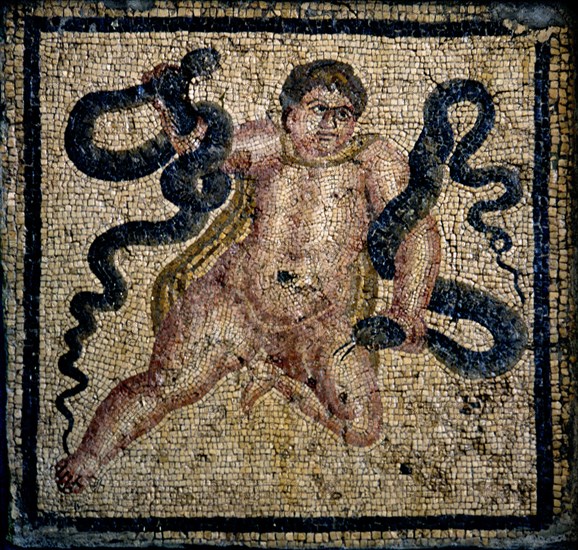 HERCULES ESTRANGULANDO A LAS SERPIENTES - MOSAICO ROMANO - S II
ANTIOQUIA, MUSEO ARQUEOLOGICO
TURQUIA