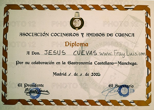 DIPLOMA CONCEDICO POR LA ASOCIACION DE COCINEROS Y AMIGOS DE CUENCA
This image is not downloadable. Contact us for the high res.