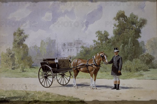 WILDA H G 1862/?
COCHERO CON UNIFORME INGLES DE PIE AL LADO DE UN COCHE DE CABALLOS (GIGUE) - 1888
COLECCION PARTICULAR