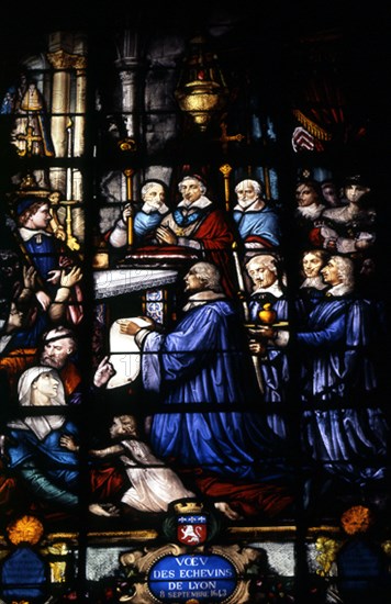 INTERIOR - CONSAGRACION DE LOS REGIDORES DE LYON EL 8 DE SEPTIEMBRE DE 1643 - VIDRIERA S XVII
LYON, BASILICA NOTRE DAME FOURVIERE
FRANCIA