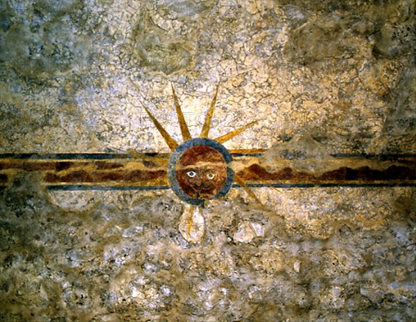 INTERIOR-TECHUMBRE DE LA BIBLIOTECA DEL CONVENTO-PINTURA AL FRESCO-QUE REPRESENTA UN SOL
SAN ANTONIO-TEXAS, MISION CONCEPCION ACUÑA
EEUU