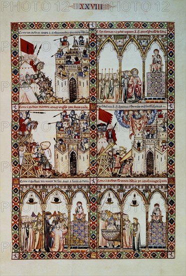 ALFONSO X EL SABIO 1221/84
MTI1-CANTIGA STA MARIA Nº28-F43R-LA VIRGEN DEFIENDE CONSTANTINOPLA DE LOS MOROS-MINIATURA S XIII
SAN LORENZO DEL ESCORIAL, MONASTERIO-BIBLIOTECA
MADRID