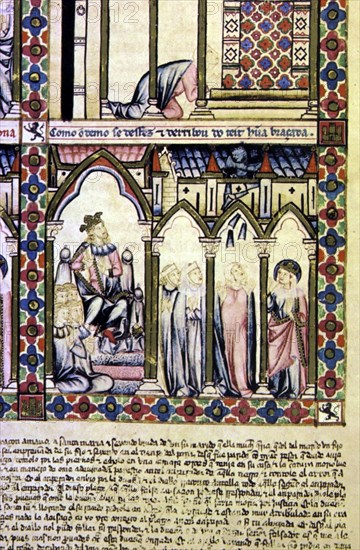 Diable fuyant à travers le plafond devant l'empereur, la Vierge et une dame