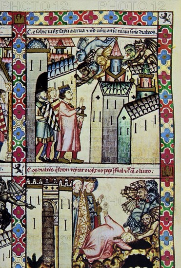 ALFONSO X EL SABIO 1221/84
D-MTI1-CANTIGA STA MARIA Nº119-F169V-B- UN SOBREJUEZ SALE DE SU CASA PARA SOFOCAR RIÑA S XIII
SAN LORENZO DEL ESCORIAL, MONASTERIO-BIBLIOTECA
MADRID