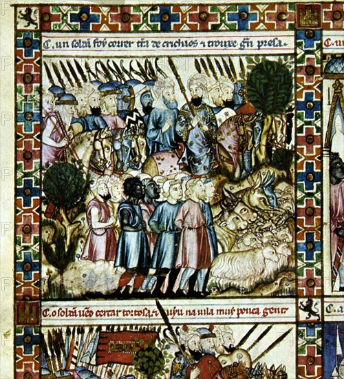 ALFONSO X EL SABIO 1221/84
D-MTI1-CANTIGA STA MARIA Nº165-F221V-A-PRISIONEROS DE GUERRA DEL SULTAN DE ALEPO Y DAMASCO-S XIII
SAN LORENZO DEL ESCORIAL, MONASTERIO-BIBLIOTECA
MADRID
This image is not downloadable. Contact us for the high res.
