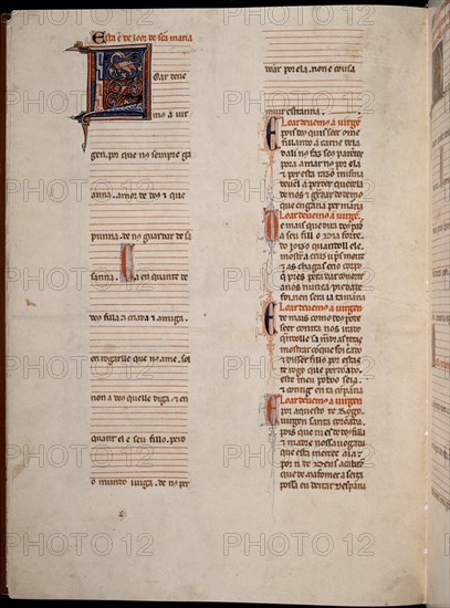 ALFONSO X EL SABIO 1221/84
MS B.R.20- CANTIGA STA MARIA Nº360-F115V-TEXTO-ESTROFA EN VERSO GALAICO PORTUGUES- S XIII
FLORENCIA, BIBLIOTECA NACIONAL
ITALIA
This image is not downloadable. Contact us for the high res.
