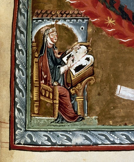 SANTA HILDEGARDA DE BINGEN
D-CODEX LATINUM- 1942 PG 38R-DETALLE DE STA HILDEGARDA-LIBRO DE LAS OBRAS DIVINAS-S XIII-
LUCCA, B ESTATAL
ITALIA