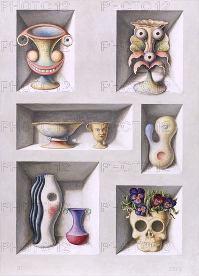 PEREZ VILLALTA GUILLERMO 1948-
ALACENA CON VASOS EN FORMA DE CARAS - 2003 - 70x51 - TEMPLE/LIENZO
MADRID, GALERIA SOLEDAD LORENZO
MADRID