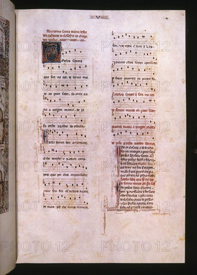 ALFONSO X EL SABIO 1221/84
MTI1-CANTIGA STA MARIA Nº5-F10R-TEXTO-ESTROFA EN VERSO GALAICO PORTUGUES-PENTAGRAMA MUSICAL
SAN LORENZO DEL ESCORIAL, MONASTERIO-BIBLIOTECA
MADRID
This image is not downloadable. Contact us for the high res.