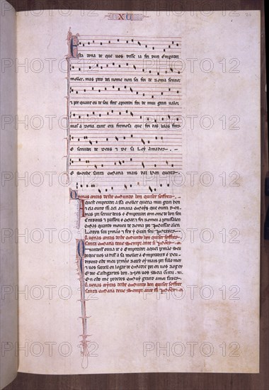 ALFONSO X EL SABIO 1221/84
MTI1-CANTIGA STA MARIA Nº15-F24R-TEXTO-ESTROFA EN VERSO GALAICO PORTUGUES-PENTAGRAMA MUSICAL
SAN LORENZO DEL ESCORIAL, MONASTERIO-BIBLIOTECA
MADRID
This image is not downloadable. Contact us for the high res.