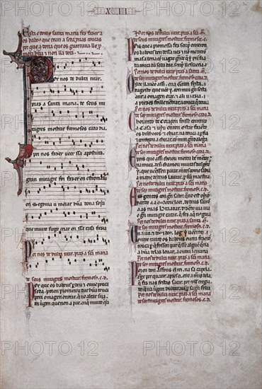 ALFONSO X EL SABIO 1221/84
MTI1-CANTIGA STA MARIA Nº18-F30R-TEXTO-ESTROFA EN VERSO GALAICO PORTUGUES-S XIII
SAN LORENZO DEL ESCORIAL, MONASTERIO-BIBLIOTECA
MADRID

This image is not downloadable. Contact us for the high res.