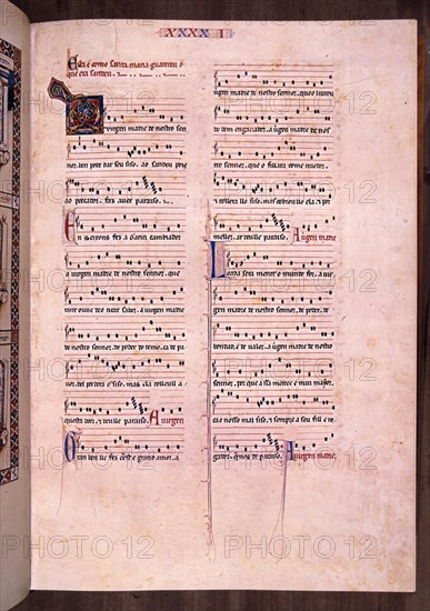 ALFONSO X EL SABIO 1221/84
MTI1-CANTIGA STA MARIA Nº41-F59R-PENTAGRAMA MUSICAL- VERSO GALAICO PORTUGUES-S XIII
SAN LORENZO DEL ESCORIAL, MONASTERIO-BIBLIOTECA
MADRID
This image is not downloadable. Contact us for the high res.