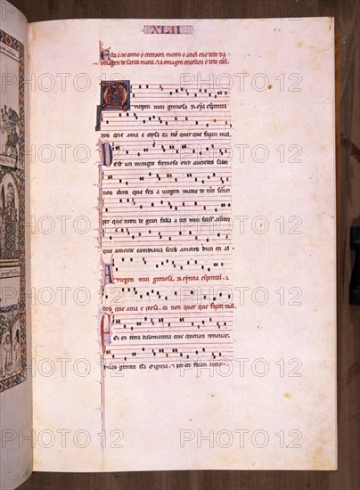 ALFONSO X EL SABIO 1221/84
MTI1-CANTIGA STA MARIA Nº42-F60R-PENTAGRAMA MUSICAL-ESTROFA EN VERSO GALAICO PORTUGUES-S XIII
SAN LORENZO DEL ESCORIAL, MONASTERIO-BIBLIOTECA
MADRID
This image is not downloadable. Contact us for the high res.