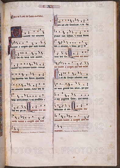ALFONSO X EL SABIO 1221/84
MTI1-CANTIGA STA MARIA Nº120-F170R-PENTAGRAMA MUSICAL-ESTROFA EN VERSO GALAICO PORTUGUES-S XIII
SAN LORENZO DEL ESCORIAL, MONASTERIO-BIBLIOTECA
MADRID
This image is not downloadable. Contact us for the high res.