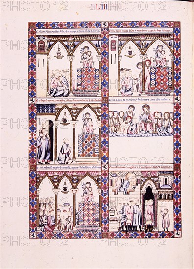 ALFONSO X EL SABIO 1221/84
MTI1-CANTIGA STA MARIA Nº53-F78V-LA VIRGEN DE SOISSONS SANA AL PASTOR Y LE HACE SABER ESCRITURAS
SAN LORENZO DEL ESCORIAL, MONASTERIO-BIBLIOTECA
MADRID
This image is not downloadable. Contact us for the high res.