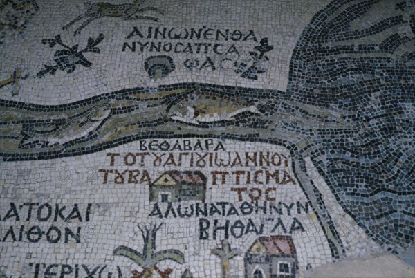 Mosaic in Madaba depicts fish trying to avoid being swept into the Dead Sea.