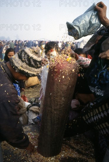 A Bala Chaturdashi, en Inde, des pèlerins lancent des offrandes sur le lingam Kailash-Paruati