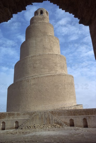 Brick spiral minaret at the Great Mosque in Samarra, Iraq, 1989