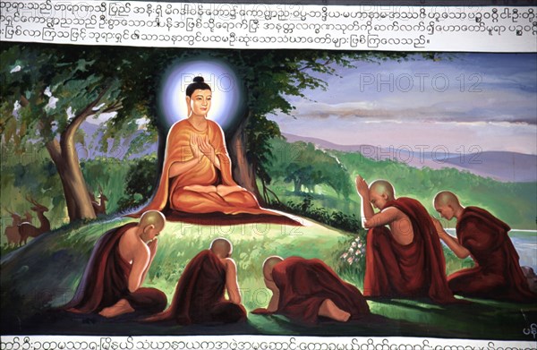 Buddha en prières, fresque murale dans un temple, Birmanie