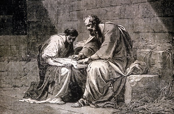 Paul writing his epistle to the Ephesians, old lithograph