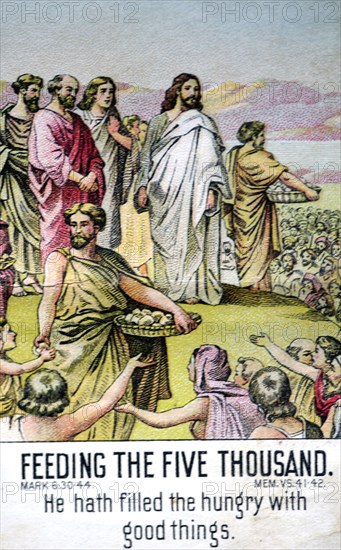 Old bible card depicting Jesus feeding the 5000