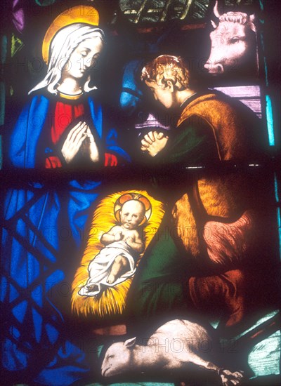 Mary and Joesph and Christ Child (Child Jesus) stained glass window
scene of the Nativity, Bethlehem