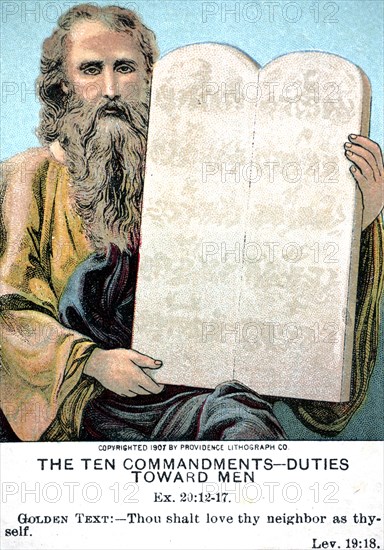 Antique bible lesson card depicting Moses with the Ten Commandments revealed to him by God