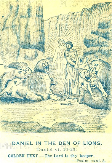 Old bible lesson card art showing Daniel in the Lion`s Den